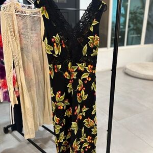 Bebe Black Jumpsuit with Floral and Lace